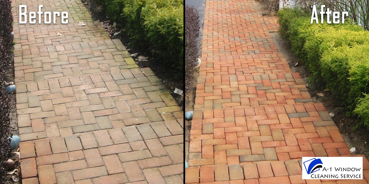 Brick pathway before and after concrete cleaning service